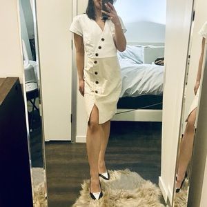 Petite Button Trim V-Neck Sheath Dress